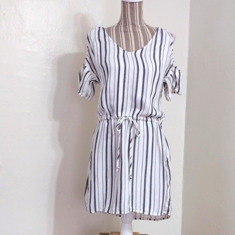 Cloth & Stone Linen Blend Cold Shoulder Drawstring Waist Mini Dress Size S